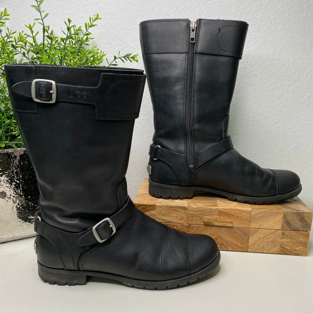 UGG Gershwin Black Leather Tall Motorcycle Riding Boots Buckle Detail Size 7.5